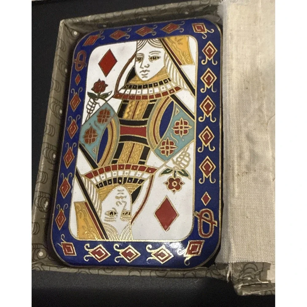 New Vintage Cloisonné Brass Enameled Queen Of Diamonds 4